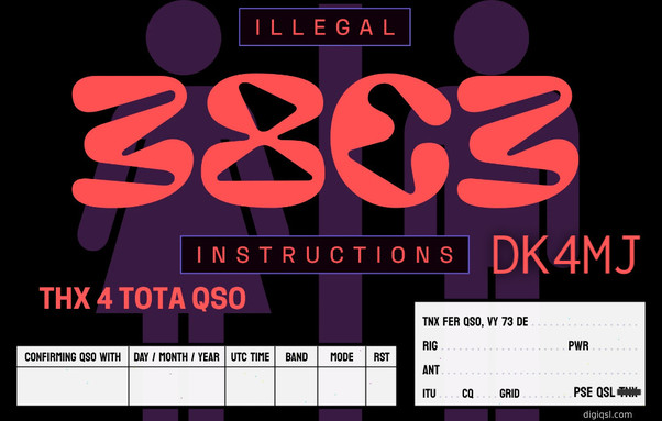 QSL-Karte mit dem Congress-Logo und dem Motto "illegal Instructions, im Hintergrund ein Toilettensymbol