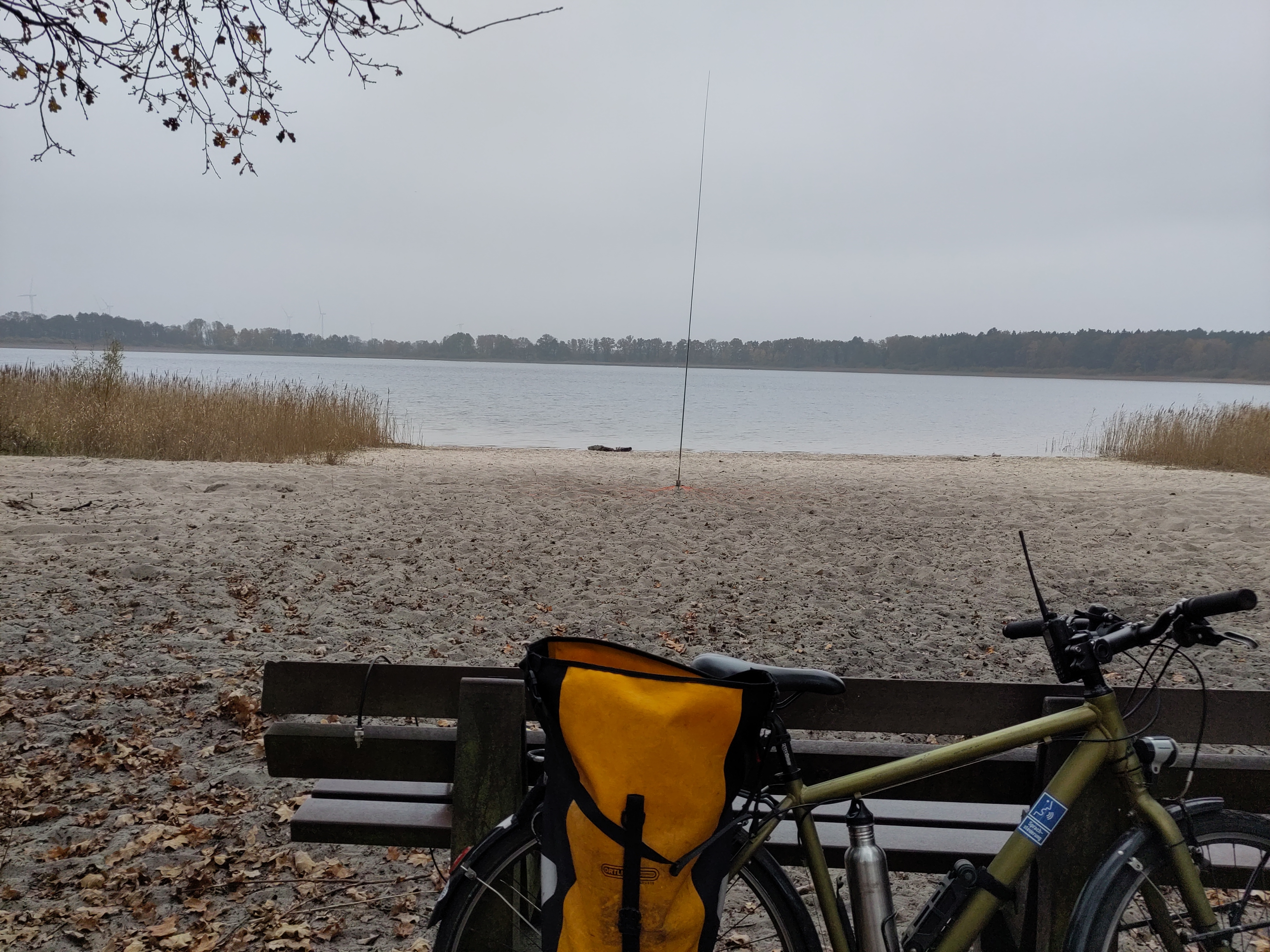Fahrrad vor einer Bank am Strand, im Hintergrund ein See, am Rand Schilf, nebel, graue Landschaft